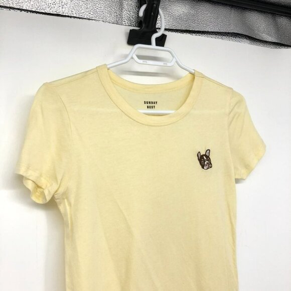 Aritzia Sunday Best Candy crewneck pastel yellow t-shirt Bulldog patch - Picture 14 of 16